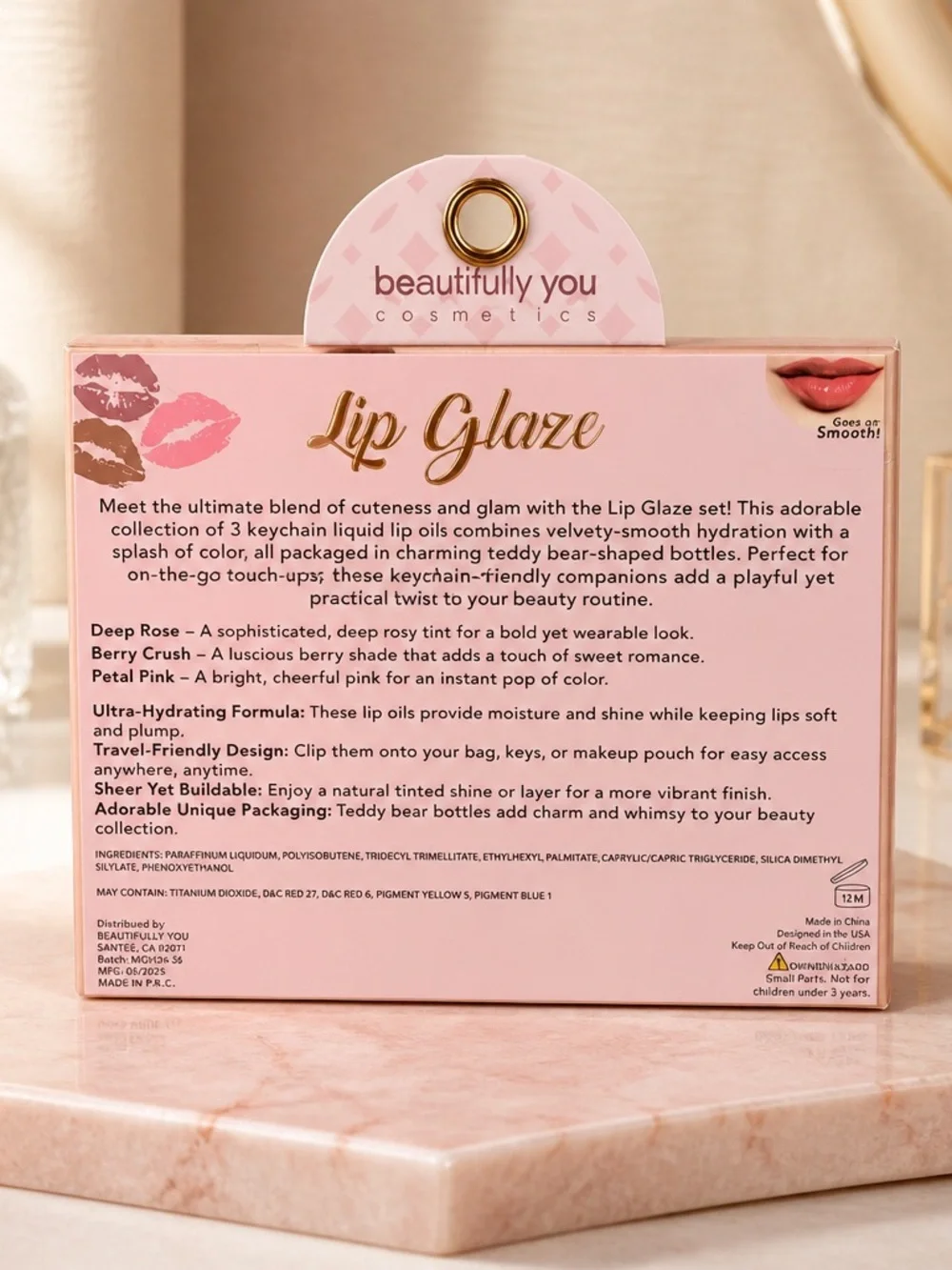 Beautifully You Cosmetics Lip Glaze Bear Keychain Set of 3 Pink Shades New